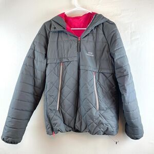 GORE THERMIUM Women's Gray Pink Puffer Jacket Front Zip Skiing Outdoor Sz Large